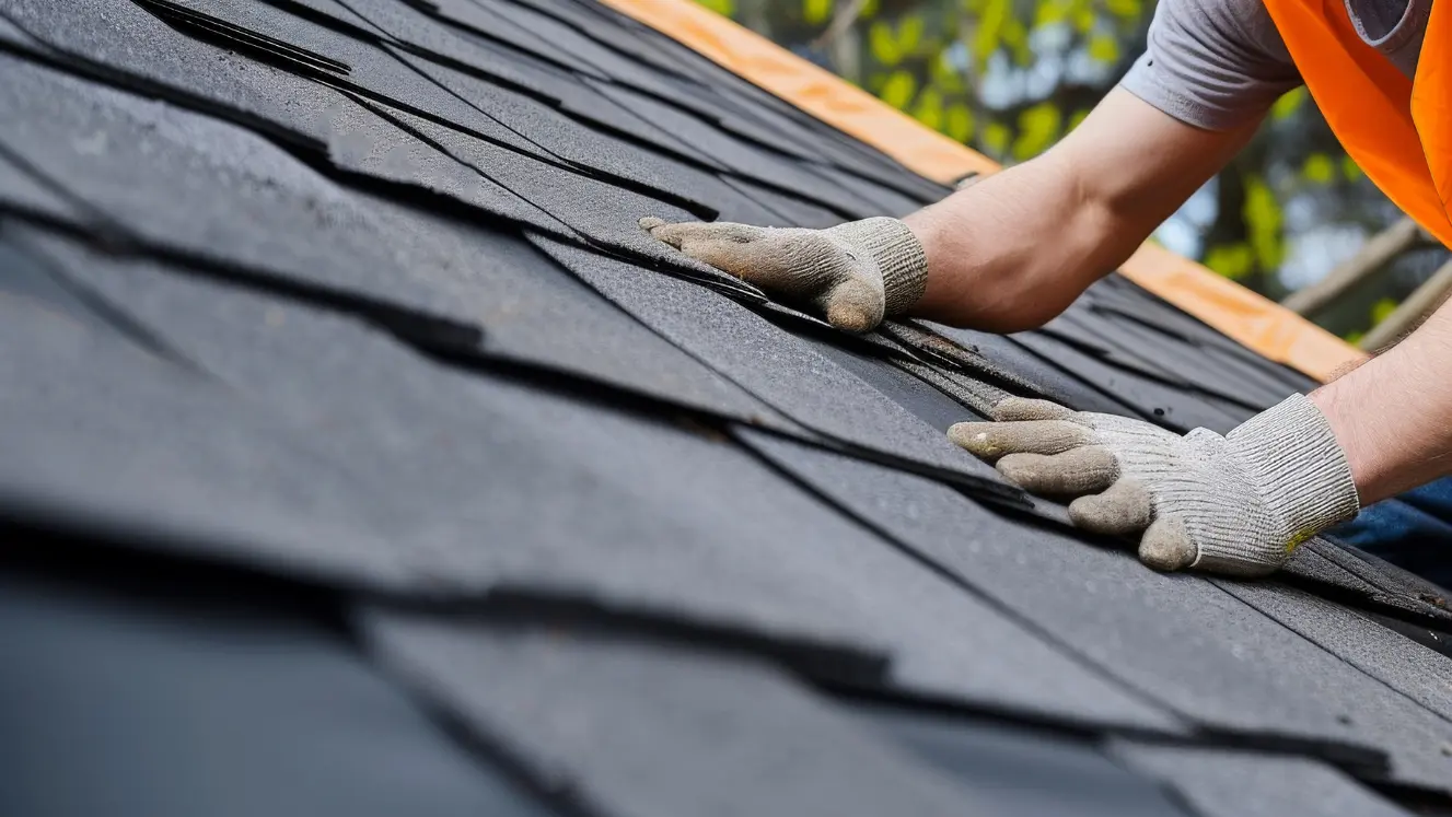 A man in an orange vest and hard hat installing dark shingles on a roof during construction.